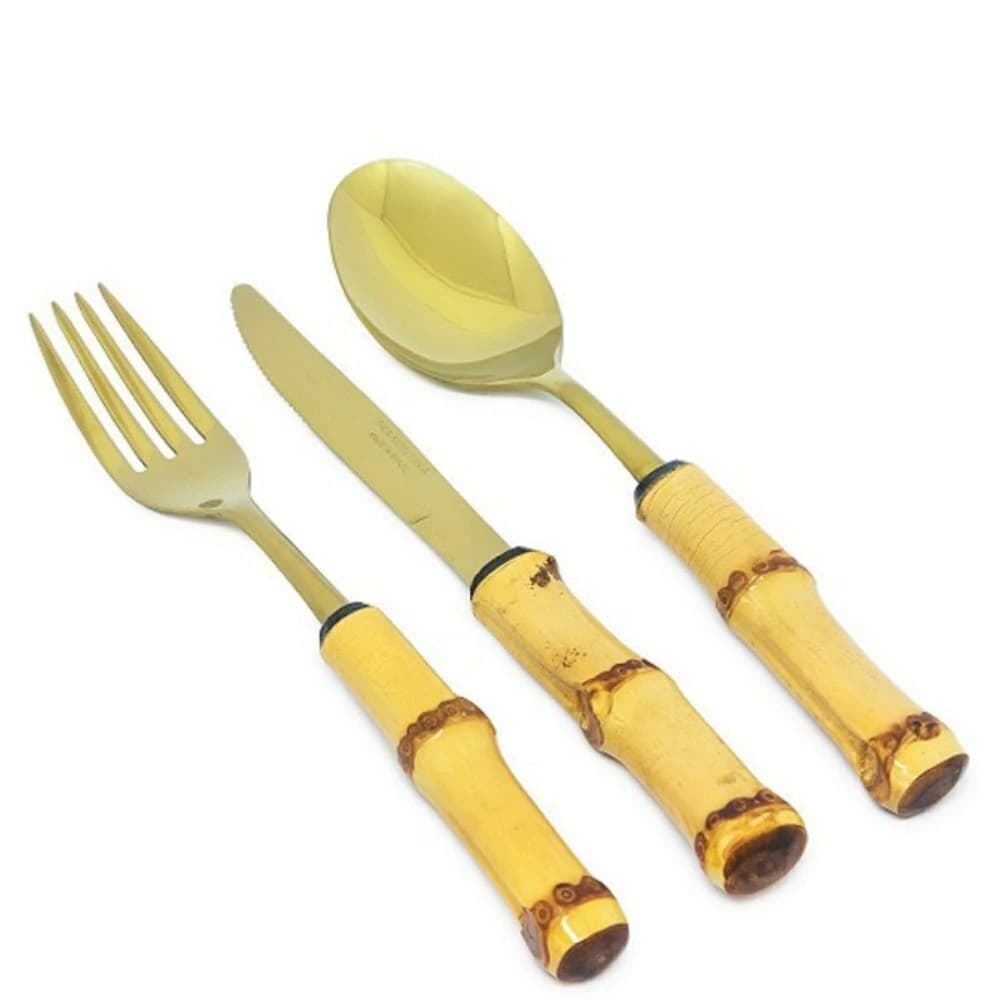 Faqueiro de Aço Inox e Bambu Duquesa Dourado 18pçs