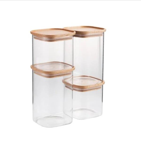Kit 4 Potes Vidro Transparente com Tampa de Madeira Delinia