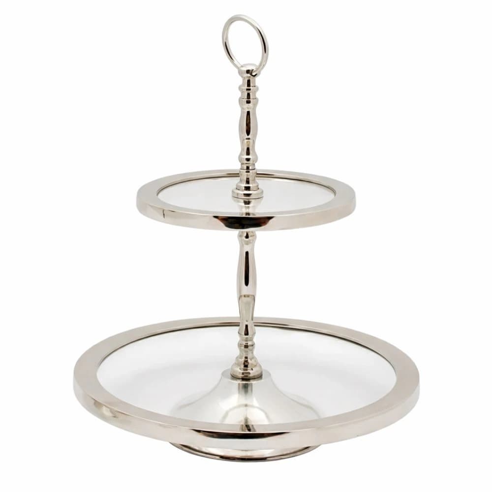 Prato para Doces de Vidro e Aço Inox 2 Níveis 33x28x18cm