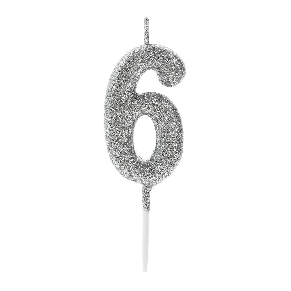 Vela Pick Glitter Número 6 Prateada - Silver Plastic