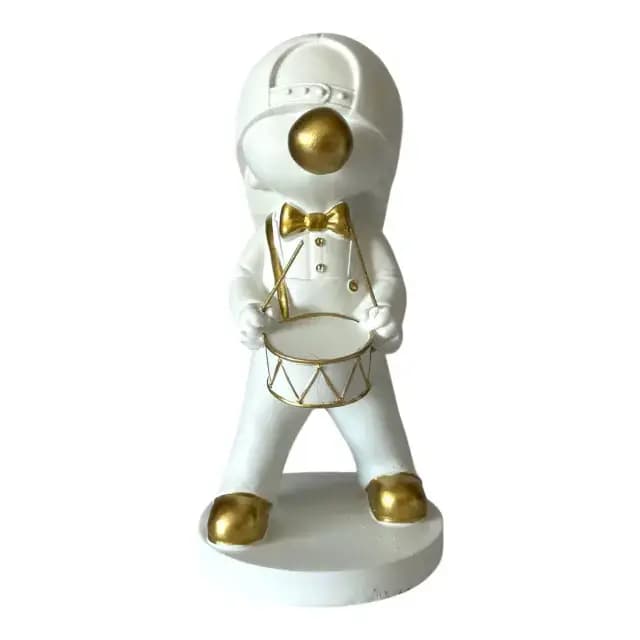 Escultura Decorativa Menino Baterista Branco e Dourado